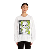 Not Alone Alien Unisex Crewneck Sweatshirt UFO Cartoon Graphic Pullover Extraterrestrial Sci Fi Space Themed Conspiracy Inspired Paranormal Streetwear