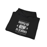 Money Up In Flames Unisex Heavy Blend Hooded Sweatshirt Graphic Hoodie Black Bold Hustle Fire Money Design Streetwear Entrepreneur Alpha Mindset Wealth Fashion