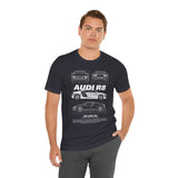 White Mid Engine Sports Coupe Blueprint Artwork Unisex Heavy Cotton Tee High Performance Inspired Streetwear Graphic Shirt For Car Enthusiasts And Automotive Art Fans