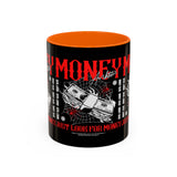 Money Ambition Accent Coffee Mug 11oz 15oz Black Ceramic Cup with Bold Red Typography and Cash Stack Design for Entrepreneurs and Hustlers