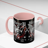 Money Bright Accent Coffee Mug 11oz 15oz Black Ceramic Gothic Angel Statue Design with Red Neon Artwork for Hustlers and Bold Thinkers