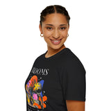 Blooms Person Unisex Softstyle T Shirt Modern Graphic Tee Black Artistic Abstract Colorful Floral Head Design Futuristic Streetwear Creative Fashion Outfit