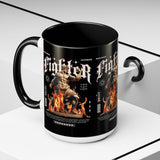 Fighter Accent Coffee Mug 11oz 15oz Black Ceramic Cup with Greek Warrior Statue and Flames Design for Hustlers and Motivated Minds