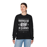 Money Up In Flames Unisex Heavy Blend Crewneck Sweatshirt Graphic Pullover Black Hustler Fire Money Design Bold Streetwear Entrepreneur Alpha Mindset Wealth Fashion