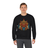 Mythical Tribal Mask Unisex Crewneck Sweatshirt Heavy Blend Pullover Cultural Warrior Spirit Inspired Festival Graphic Art Streetwear Top