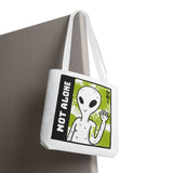 Not Alone Alien Tote Bag Sci Fi Extraterrestrial UFO Design Canvas Bag Space Lover Reusable Eco Friendly Durable Shopping Travel Lifestyle Tote