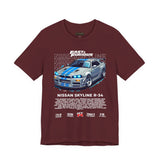 Nissan Skyline GT R R34 Inspired Illustrated JDM Racing Car Graphic T Shirt Iconic Japanese Performance Street Racing Culture Automotive Streetwear Gift For Car Enthusiasts