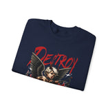 Unisex Heavy Blend Crewneck Sweatshirt Betrayed Angel Destroy Graphic Pullover Black Gothic Streetwear Fire Print Bold Motivational Urban Fashion Outfit