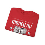 Money Up In Flames Unisex Heavy Blend Crewneck Sweatshirt Graphic Pullover Black Hustler Fire Money Design Bold Streetwear Entrepreneur Alpha Mindset Wealth Fashion