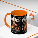 Fighter Accent Coffee Mug 11oz 15oz Black Ceramic Cup with Greek Warrior Statue and Flames Design for Hustlers and Motivated Minds