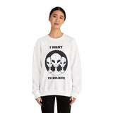 I Want To Believe Alien Unisex Crewneck Sweatshirt UFO Graphic Pullover Extraterrestrial Space Themed Sci Fi Conspiracy Inspired Paranormal Streetwear