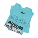 White Mid Engine Sports Coupe Blueprint Artwork Unisex Heavy Cotton Tee High Performance Inspired Streetwear Graphic Shirt For Car Enthusiasts And Automotive Art Fans