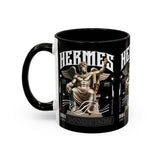 Hermes Accent Coffee Mug 11oz 15oz Black Ceramic Mythology Cup with Greek God Winged Statue Design for History Lovers and Art Enthusiasts
