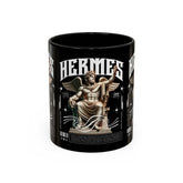 Hermes Accent Coffee Mug 11oz 15oz Black Ceramic Mythology Cup with Greek God Winged Statue Design for History Lovers and Art Enthusiasts