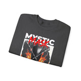 Mystic Mask Flames Graphic Unisex Heavy Blend Crewneck Sweatshirt Hustler Streetwear Motivational Dark Mystery Bold Fire Design