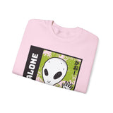 Not Alone Alien Unisex Crewneck Sweatshirt UFO Cartoon Graphic Pullover Extraterrestrial Sci Fi Space Themed Conspiracy Inspired Paranormal Streetwear