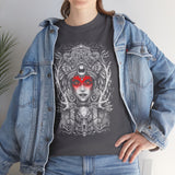 Mystic Warrior Goddess Unisex Heavy Cotton Tee Bold Monochrome Tribal Design Powerful Feminine Energy Streetwear Graphic T-Shirt for Art Lovers Festivals and Everyday Wear
