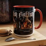 Fighter Accent Coffee Mug 11oz 15oz Black Ceramic Cup with Greek Warrior Statue and Flames Design for Hustlers and Motivated Minds