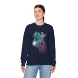 Seahorse Knight Neon Warrior Unisex Heavy Blend Crewneck Sweatshirt Vibrant Cyberpunk Fantasy Streetwear Pullover Futuristic Oceanic Armor Design For Gamers Creators Dreamers And Art Lovers
