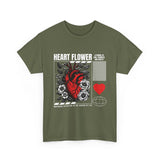 Heart Flower Graphic Unisex Heavy Cotton Tee Comfortable Streetwear T Shirt Bold Red and Black Floral Heart Design Symbol of Love Strength and Vitality Perfect Gift for Friends Birthdays and Casual Everyday Wear