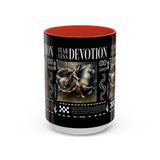 Fearless Devotion Accent Coffee Mug 11oz 15oz Black Ceramic Cup with Warrior on Horse Artwork for Courage Loyalty and Strength Lovers