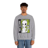 Not Alone Alien Unisex Crewneck Sweatshirt UFO Cartoon Graphic Pullover Extraterrestrial Sci Fi Space Themed Conspiracy Inspired Paranormal Streetwear