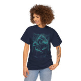 Prehistoric Thunder Unisex Heavy Cotton Tee Neon Raptor Design Electric Blue Lightning Artwork Bold Streetwear Statement For Dinosaur Lovers And Retro Art Fans