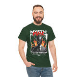 Mystic Mask Flames Graphic Unisex Heavy Cotton Tee Hustler Streetwear Motivational Dark Mystery Bold Design