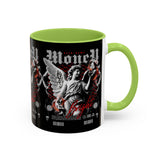 Money Bright Angel Accent Coffee Mug 11oz 15oz Gothic Statue Black Ceramic Cup with Red Flames and Cash Design for Hustlers