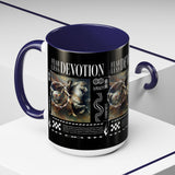 Fearless Devotion Accent Coffee Mug 11oz 15oz Black Ceramic Cup with Warrior on Horse Artwork for Courage Loyalty and Strength Lovers