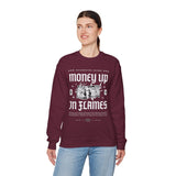 Money Up In Flames Unisex Heavy Blend Crewneck Sweatshirt Graphic Pullover Black Hustler Fire Money Design Bold Streetwear Entrepreneur Alpha Mindset Wealth Fashion
