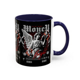 Money Bright Angel Accent Coffee Mug 11oz 15oz Gothic Statue Black Ceramic Cup with Red Flames and Cash Design for Hustlers