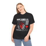 Heart Flower Graphic Unisex Heavy Cotton Tee Comfortable Streetwear T Shirt Bold Red and Black Floral Heart Design Symbol of Love Strength and Vitality Perfect Gift for Friends Birthdays and Casual...