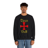 Unisex Deus Vult Crewneck Sweatshirt Medieval Crusader Cross Heavy Blend Fleece Pullover Warrior Knight Inspired Vintage Christian Symbol Streetwear