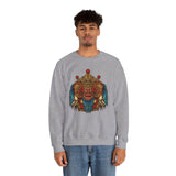 Unisex Mythical Tribal Mask Crewneck Sweatshirt Heavy Blend Pullover Cultural Warrior Spirit Inspired Festival Graphic Art Streetwear Top