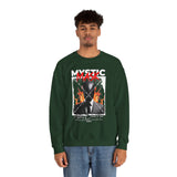 Mystic Mask Flames Graphic Unisex Heavy Blend Crewneck Sweatshirt Hustler Streetwear Motivational Dark Mystery Bold Fire Design