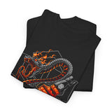 Inferno Spirit Fiery Dragon Whiskey Bottle Unisex Heavy Cotton Tee Bold Biker Streetwear Artistic Snake Flame Design Symbol of Power Energy and Rebellion Graphic Shirt