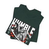 Unisex Jersey Short Sleeve Tee Humble Angel Statue Graphic Streetwear Fire Print T Shirt Bold Motivational Urban Fashion Outfit