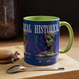 Historical Accent Coffee Mug 11oz 15oz Black Ceramic Cup with Greek Goddess Statue and Purple Floral Design for Art and History Lovers