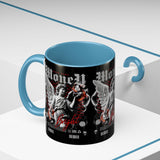 Money Bright Accent Coffee Mug 11oz 15oz Black Ceramic Gothic Angel Statue Design with Red Neon Artwork for Hustlers and Bold Thinkers