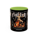 Fighter Accent Coffee Mug 11oz 15oz Black Ceramic Cup with Greek Warrior Statue and Flames Design for Hustlers and Motivated Minds
