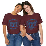 Mossad Logo Heritage Emblem Blue Seal Unisex Heavy Cotton Tee Artistic Symbol Cultural Inspired Graphic Design Vintage Style Statement Shirt Travel Gift Everyday Wear