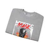 Mystic Mask Flames Graphic Unisex Heavy Blend Crewneck Sweatshirt Hustler Streetwear Motivational Dark Mystery Bold Fire Design