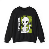 Not Alone Alien Unisex Crewneck Sweatshirt UFO Cartoon Graphic Pullover Extraterrestrial Sci Fi Space Themed Conspiracy Inspired Paranormal Streetwear