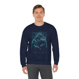 Prehistoric Thunder Unisex Crewneck Sweatshirt Electric Blue Neon Raptor Storm Design Bold Streetwear for Dino Lovers Artists and Urban Dreamers