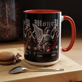 Money Bright Angel Accent Coffee Mug 11oz 15oz Gothic Statue Black Ceramic Cup with Red Flames and Cash Design for Hustlers