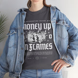 Money Up In Flames Unisex Heavy Cotton Tee Graphic T Shirt Black Streetwear Bold Money Graphic Fire Design Hustler Entrepreneur Alpha Mindset Wealth Fashion