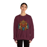 Mythical Tribal Mask Unisex Crewneck Sweatshirt Heavy Blend Pullover Cultural Warrior Spirit Inspired Festival Graphic Art Streetwear Top