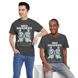 Neo Invaders Futuristic Holographic Graphic Unisex Heavy Cotton Tee Bold Sci Fi Cyberpunk Streetwear Statement T Shirt