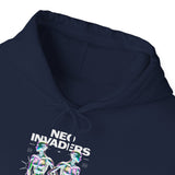 Neo Invaders Futuristic Holographic Graphic Unisex Heavy Blend Hooded Sweatshirt Sci Fi Cyberpunk Streetwear Bold Statement Hoodie